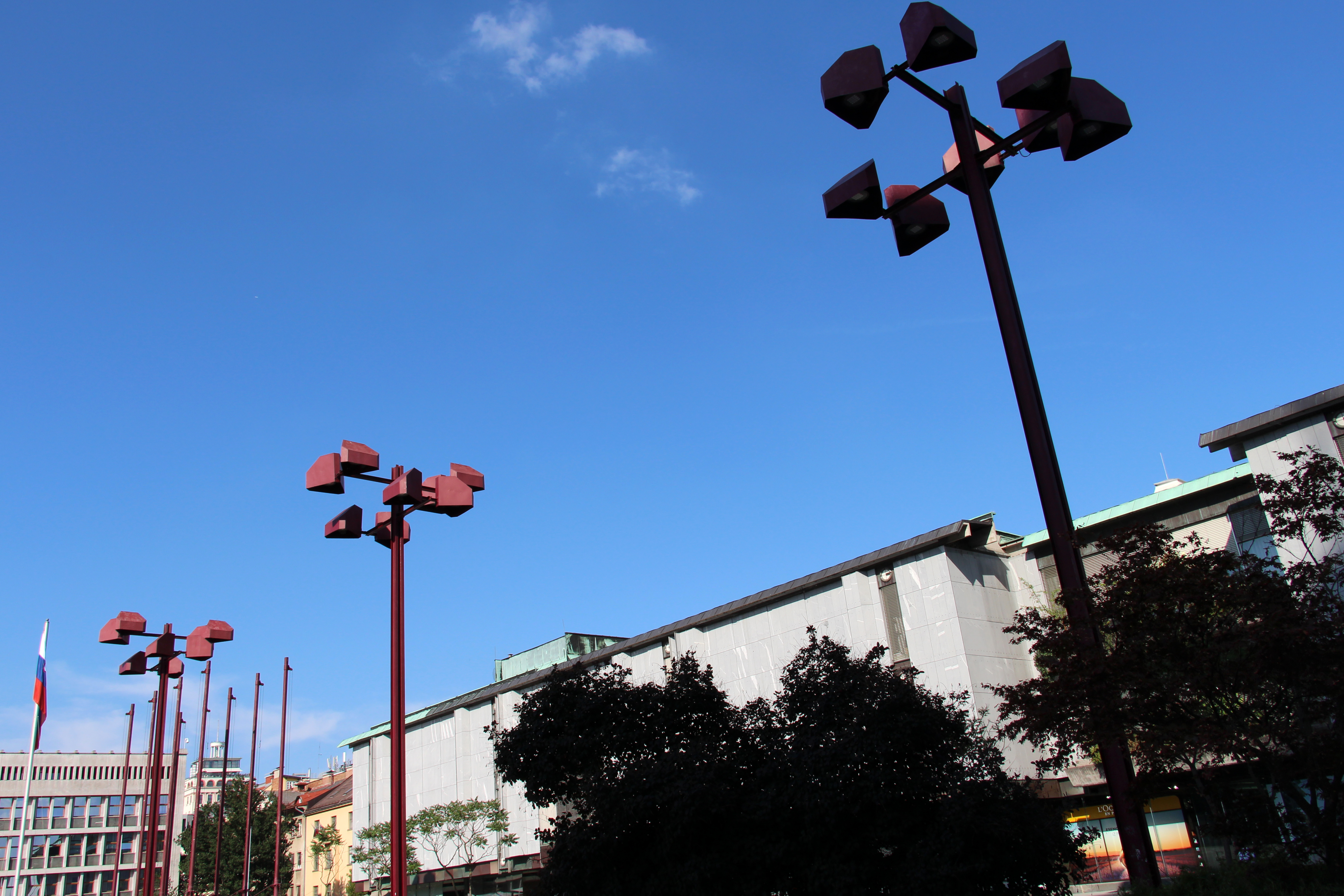 Republic Square in Ljubljana with the Maxi Market building — an example of Slovenian modernist architecture